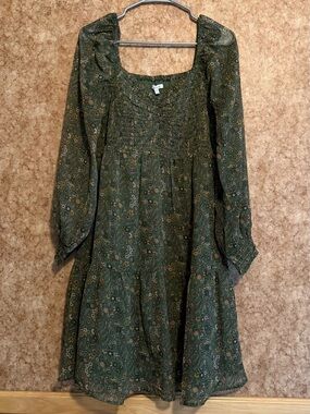 Maurices Olive Green Floral Smocked Long Sleeve Dress